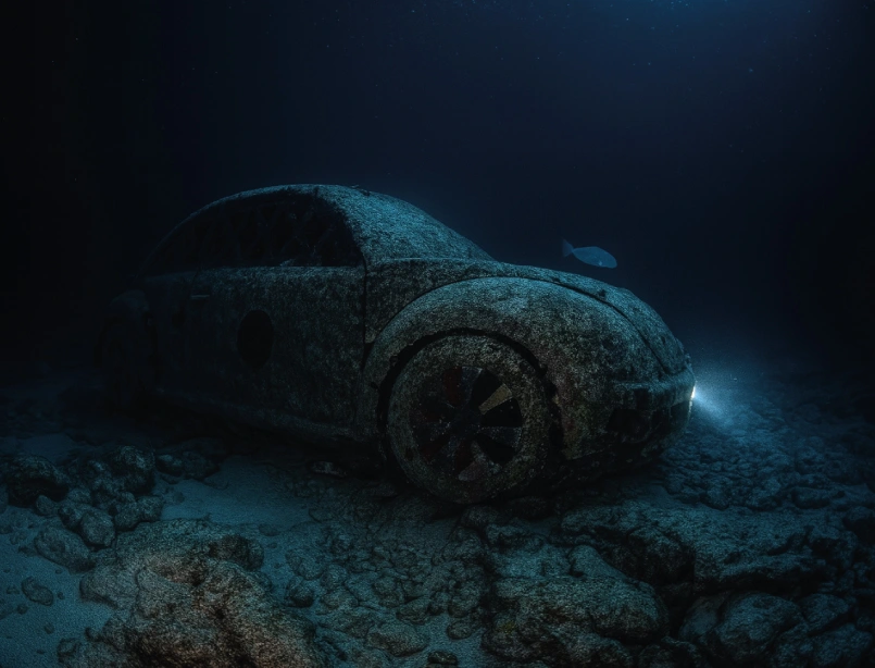 Buceador en caverna subacuática iluminada por haces de luz natural con formaciones rocosas y visibilidad cristalina<br />
